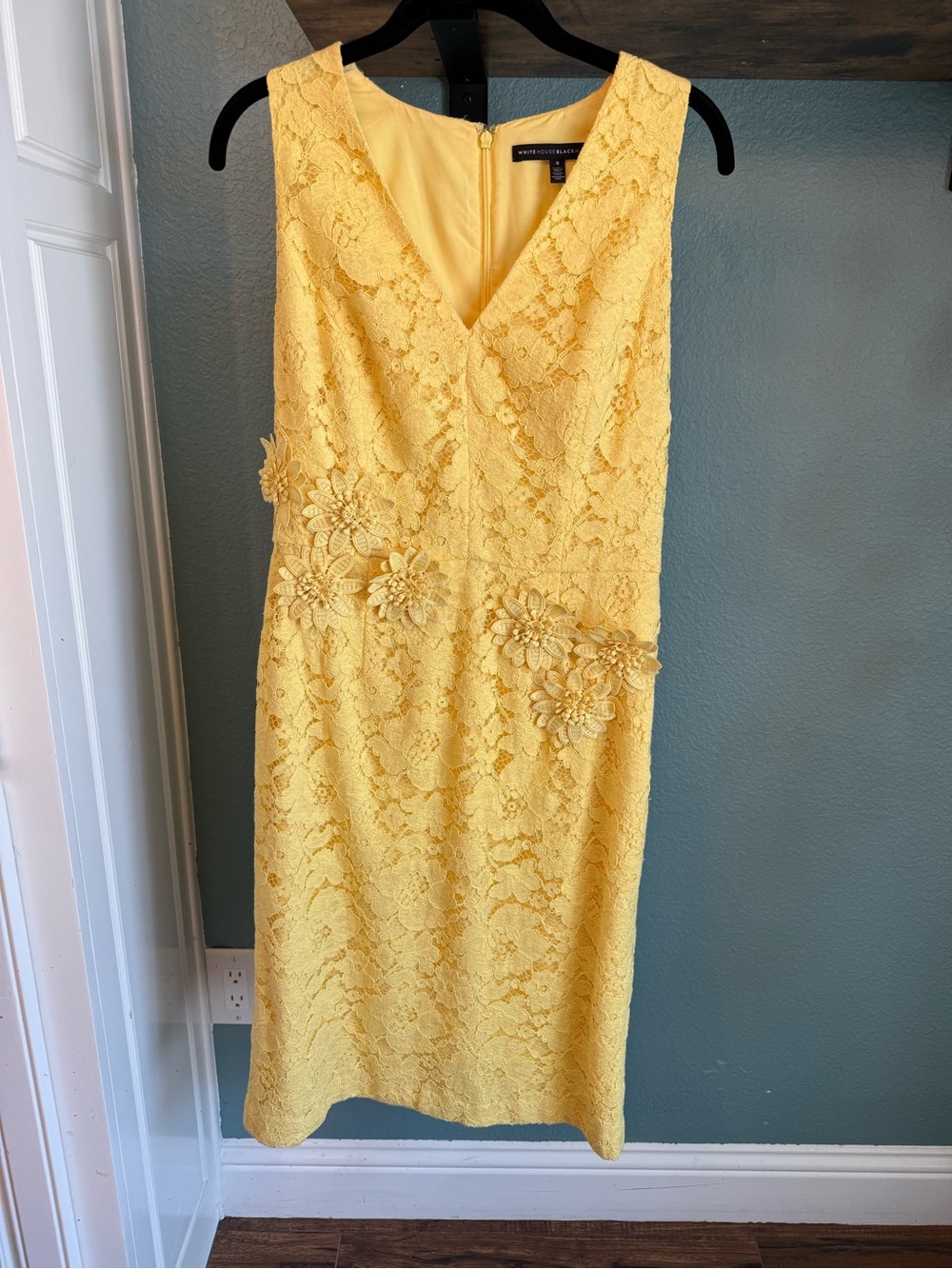 White House Black Market Yellow Floral Lace Sheath Dress 3D Flower Appliqué